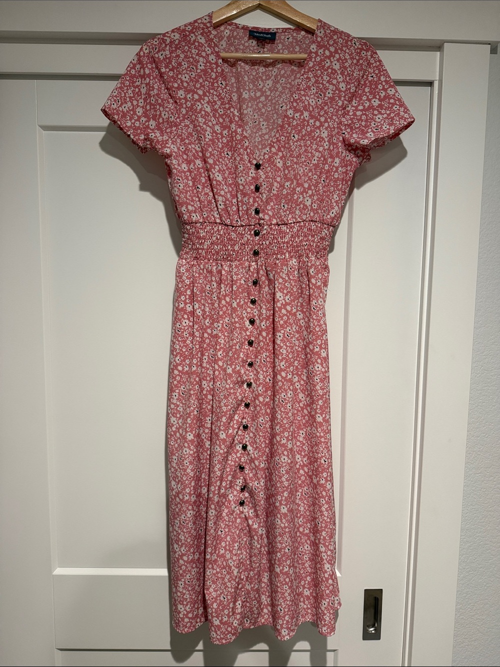Modcloth Pink Floral Button-Front Midi Dress